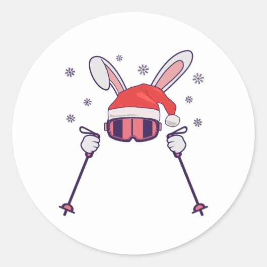 Ski Santa Rabbit mit Weihnachtsmannmütze und Skist Runder Aufkleber (Vorderseite)