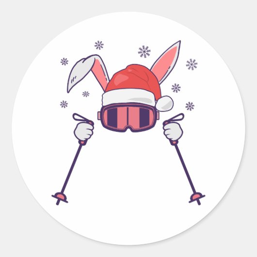 Ski Santa Rabbit mit Weihnachtsmannmütze und Skist Runder Aufkleber (Vorderseite)