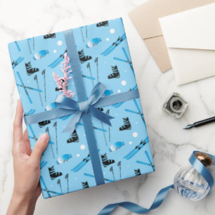 Ski Skier Skistöcke und Skibrille Spaß Blau Geschenkpapier