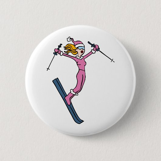 Ski-Springenmädchen-Cartoon-Vektor Button (Vorderseite)