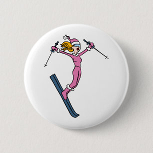 Ski-Springenmädchen-Cartoon-Vektor Button