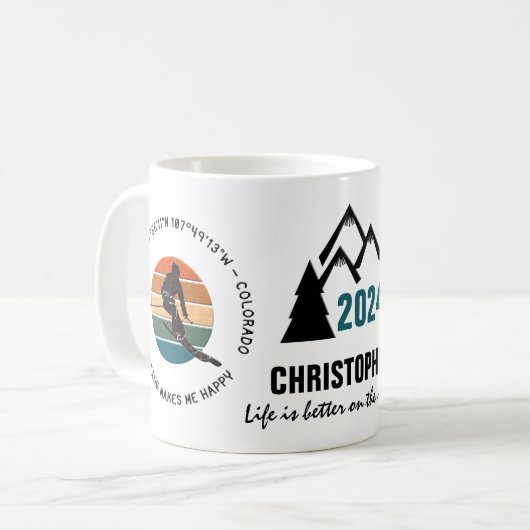 Ski Telluride, Colorado - Man Skier Black Text Kaffeetasse (Vorderseite Links)