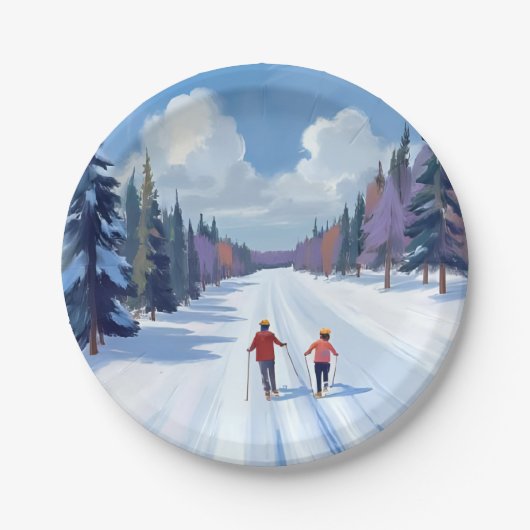 Ski Trail | Mountain Skiing Watercolor Winter Pappteller (Vorderseite)