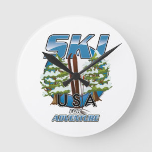 Ski USA Für Abenteuer Logo. Runde Wanduhr