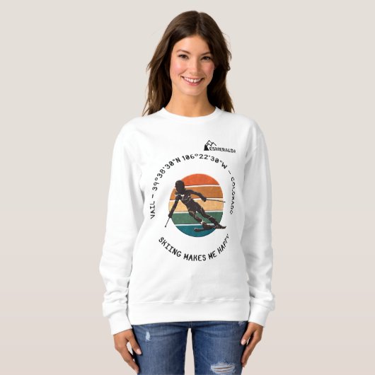 Ski Vail, Colorado - Skierin, Schwarzer Text Sweatshirt (Vorne ganz)