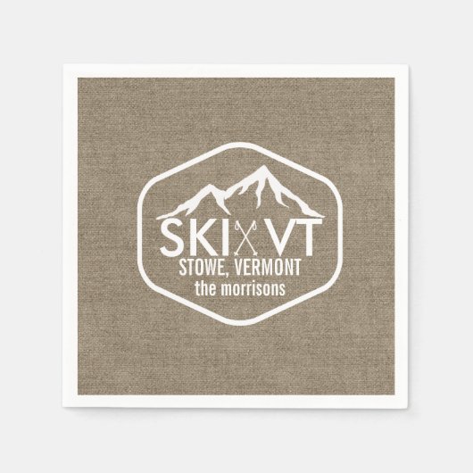 Ski Vermont Stowe Snow Mountain Rustikaler Burlap Serviette (Vorderseite)