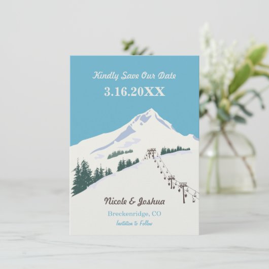 Ski Winter Scene Save the Date Karte (Stehend Vorderseite)