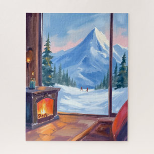 Skiausflug   Wasserfarbenes Winterbild Berghütte Puzzle