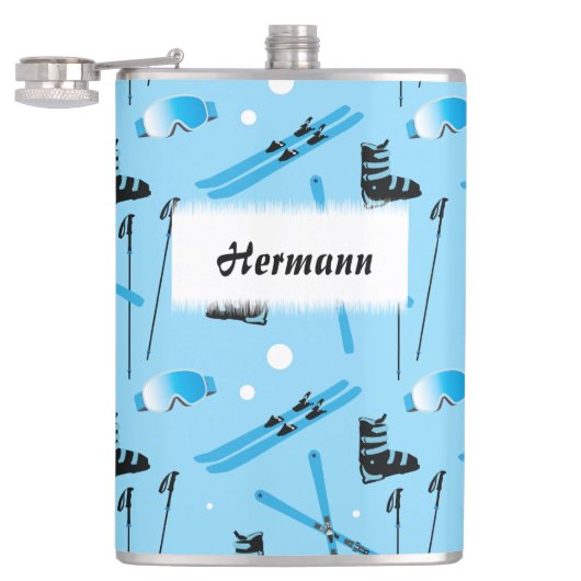 Skiausrüstung Muster Blau Personalisiert Flachmann (Geöffnet)