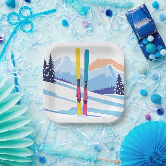 Skiberg Wasserfarbe Winter Pappteller (Party)