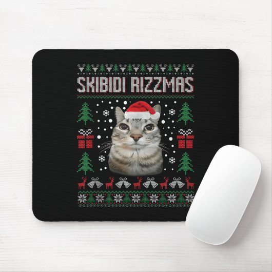 Skibidi Rizzmas Funny Silly Staring Cat Ugly Sweat Mousepad (Mit Mouse)