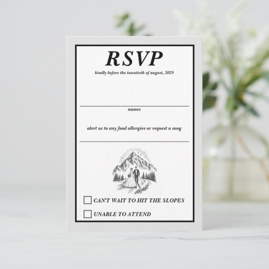 Skicouple Wedding RSVP Karte (Stehend Vorderseite)