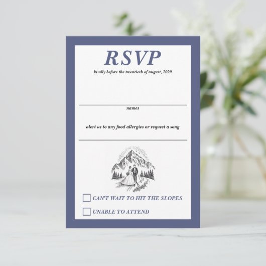 Skicouple Wedding RSVP Karte (Stehend Vorderseite)