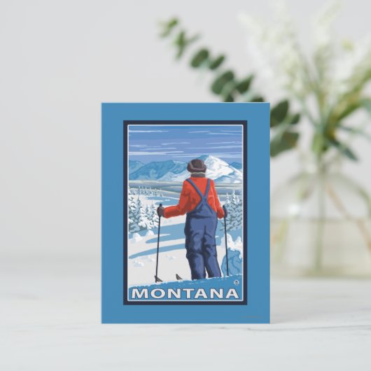 Skier AdmiringMontanaVintage Reiseplakat Postkarte (Stehend Vorderseite)
