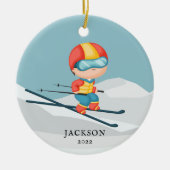 Skier Boy Personalisierte Weihnachtsfeier Keramik  Ornament (Vorne)