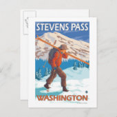 Skier Carry Snow Skis - Stevens Pass, WA Postkarte (Vorne/Hinten)