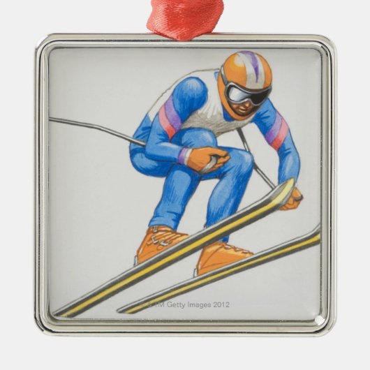 Skier-darstellender Sprung Silbernes Ornament (Vorne)