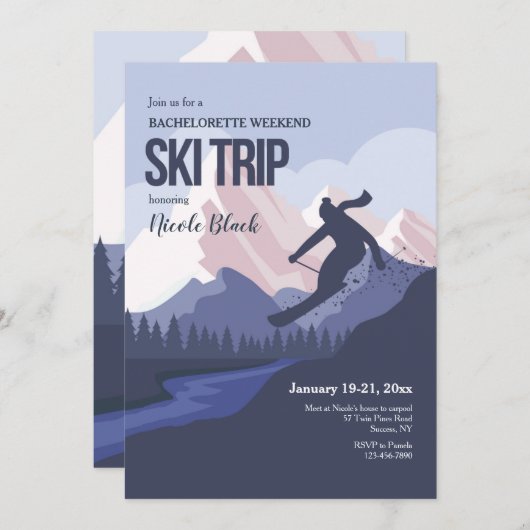 Skier Silhouette Junggeselinnen-Abschied Einladung (Vorne/Hinten)