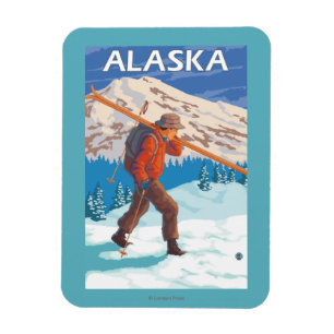 Skier-tragende Schnee-Ski-Vintage Reise 3 Magnet