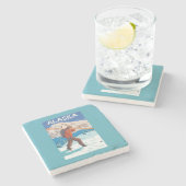 Skier-tragende Schnee-Ski-Vintage Reise 3 Steinuntersetzer (Seitenansicht)