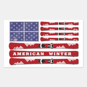 Skier und Schneeflocken USA-Flagge für Winter Rechteckiger Aufkleber