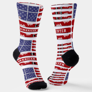 Skier und Schneeflocken USA-Flagge Socken