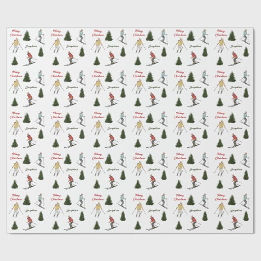Skiers And Fir Trees Christmas Pattern With Text Geschenkpapier (Flach)