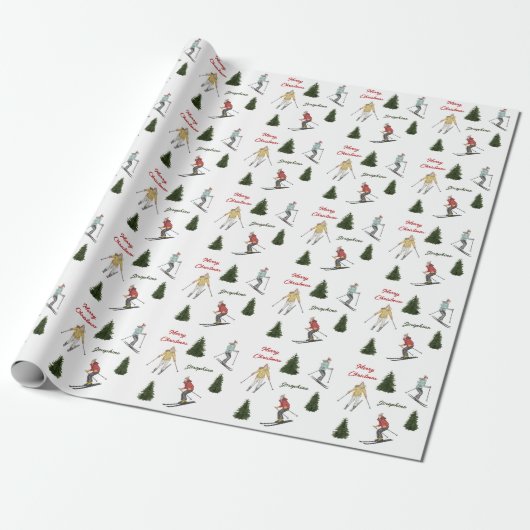 Skiers And Fir Trees Christmas Pattern With Text Geschenkpapier (Ungerollt)