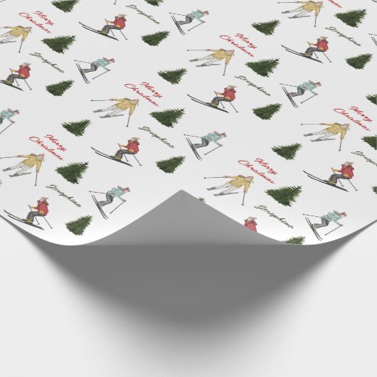 Skiers And Fir Trees Christmas Pattern With Text Geschenkpapier (Ecke)