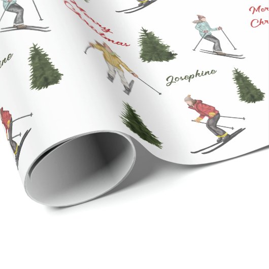 Skiers And Fir Trees Christmas Pattern With Text Geschenkpapier (Rolleneckpunkt)