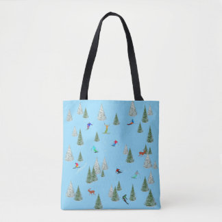 Skiers Downhill Skiing Illustration Pale Blue Tasche
