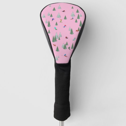 Skiers Downhill Skiing Illustration Pastel Pink Golf Headcover (Vorderseite)