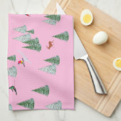 Skiers Downhill Skiing Illustration Pink Geschirrtuch (Viertel Falte)