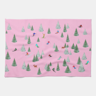 Skiers Downhill Skiing Illustration Pink Geschirrtuch
