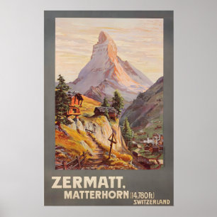 Skifahren Alpen Zermatt Schweiz Vintage Reise Poster