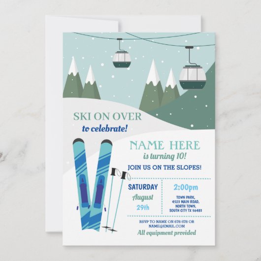 Skifahren Birthday Party Pisten Ski Snowboard Schn Einladung (Vorderseite)