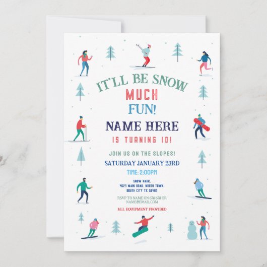 Skifahren Birthday Party Pisten Ski Snowboard Schn Einladung (Vorderseite)