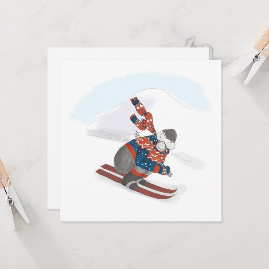 Skifahren Gorilla flach Weihnachtskarte Karte (Vorderseite/Rückseite Beispiel)
