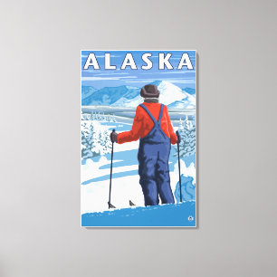 Skifahren in Alaska Vintage Reiseplaner Leinwanddruck