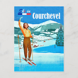 Skifahren in Courchevel, Frau auf Skiern, Frankrei Postkarte