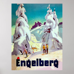 Skifahren in Engleberg, Schweiz, Vintage-Reise Poster
