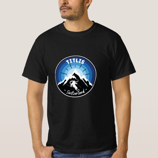 Skifahren in Titlis Schweiz Blau T-Shirt (Vorderseite)