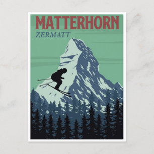 Skifahren in Zermatt Schweiz Vintage-Berggipfel Postkarte