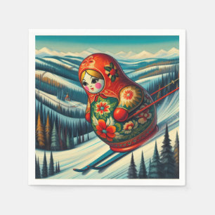 Skifahren Matryoshka Puppen Winterschnee Serviette