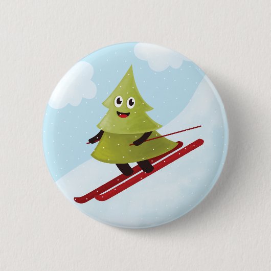 Skifahren Pine Tree Niedlicher Schneesport Winter Button (Vorderseite)