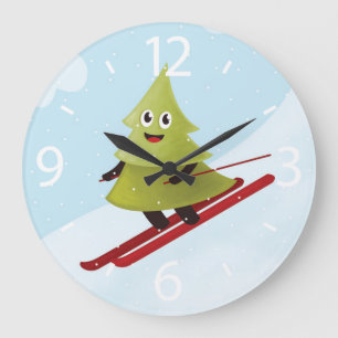 Skifahren Pine Tree Niedlicher Schneesport Winter Große Wanduhr