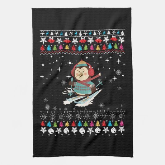 Skifahren Pinguin Weihnachten Geschirrtuch (Vertikal)