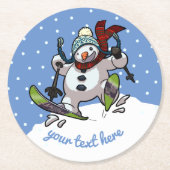 Skifahren Snowman in Woollis Weihnachtshut Cartoon Runder Pappuntersetzer (Vorderseite)