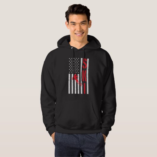 Skifahren unter amerikanischer Flagge Wintersport Hoodie (Vorne ganz)