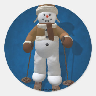 Skifahren Vintager Schneemann Runder Aufkleber
